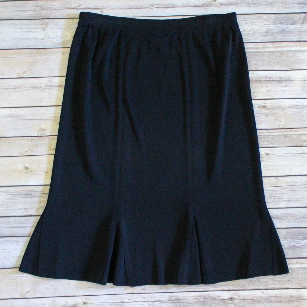 Misook Trumpet Skirt Large Black Knit Gored Midi Elastic Waist Flare Pull On
